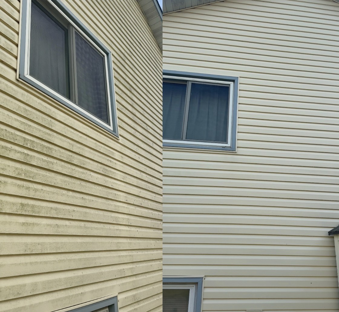 Dirty and clean siding shown side by side after a professional soft wash — Eagan, MN